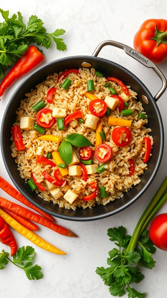 A colorful one-pot vegetable and rice stir-fry with bell peppers, green beans, tofu, and cherry tomatoes.