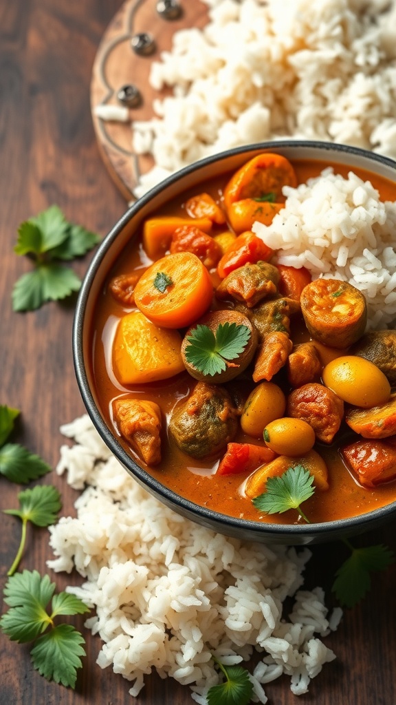 A delicious bowl of vegetable curry with rice, garnished with coriander.