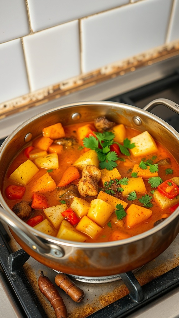A pot of colorful vegetable curry with potatoes, carrots, and bell peppers on a stove.