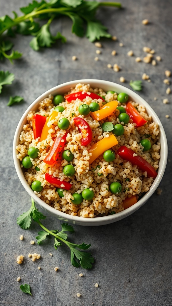 A bowl of colorful vegetable quinoa pilaf with green peas and bell peppers
