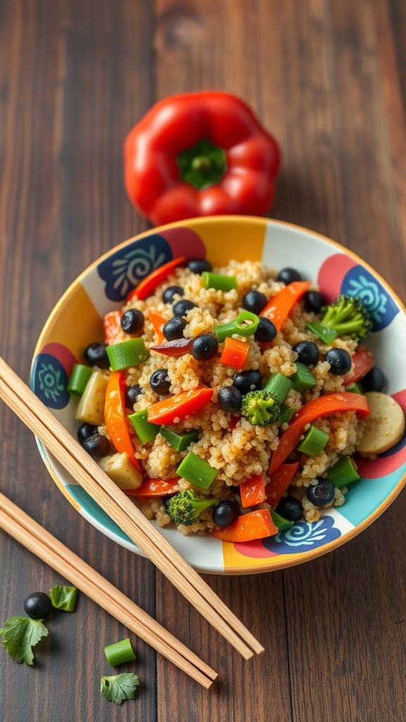 A colorful bowl of vegetable quinoa stir-fry with fresh ingredients.