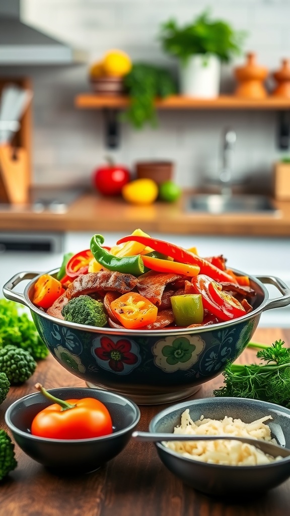 A colorful bowl of vegetable stir-fry with sliced bell peppers, broccoli, snap peas, and carrots.