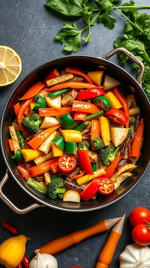 A colorful one-pot vegetable stir-fry dish with bell peppers, broccoli, and cherry tomatoes.