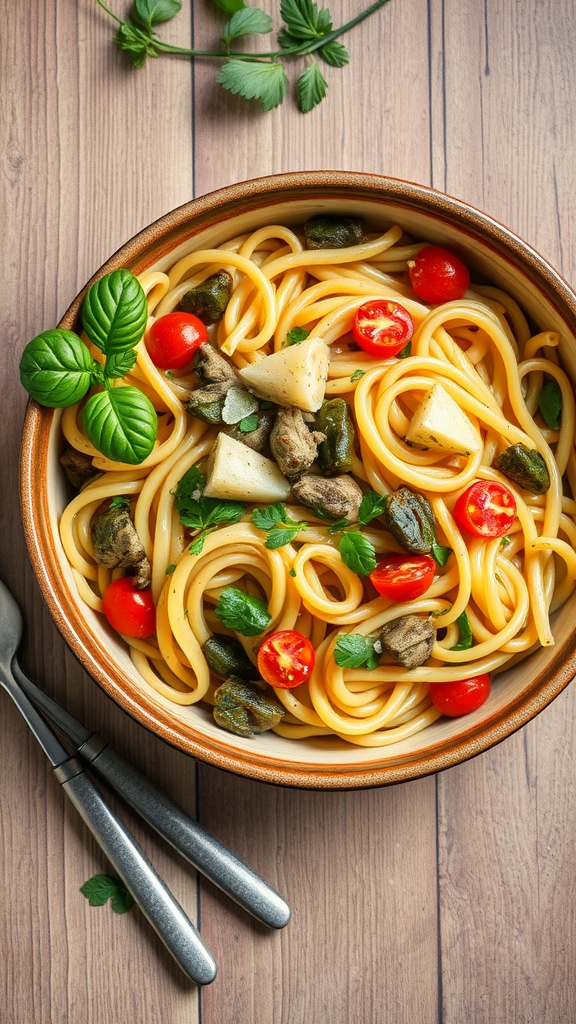 A colorful bowl of veggie-packed pasta with basil and cherry tomatoes.