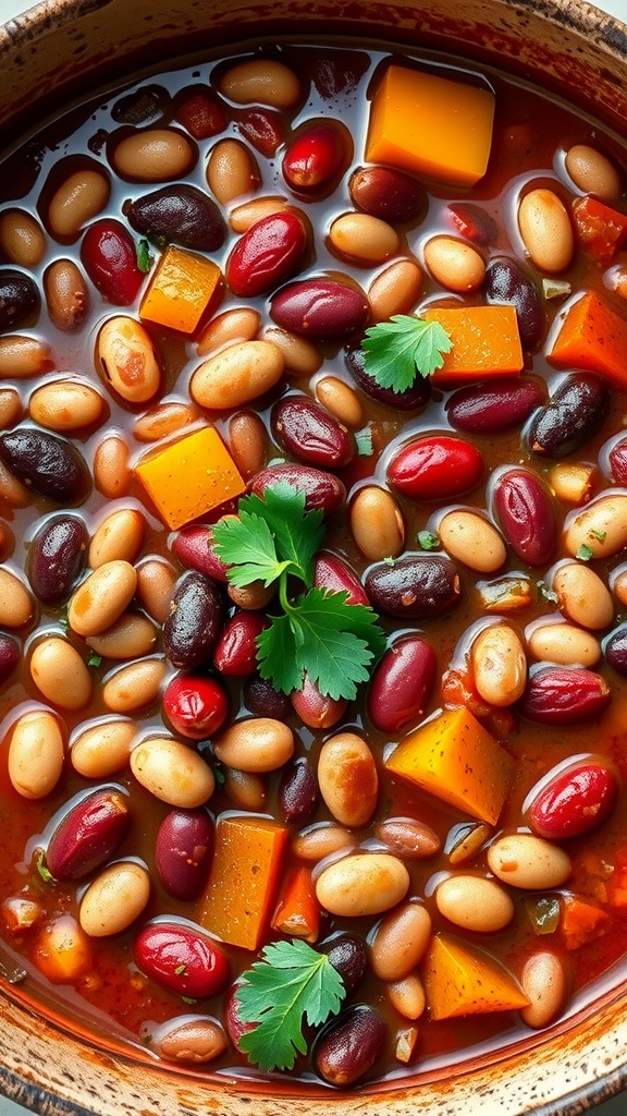 A pot filled with colorful veggie chili including different beans and vegetables.