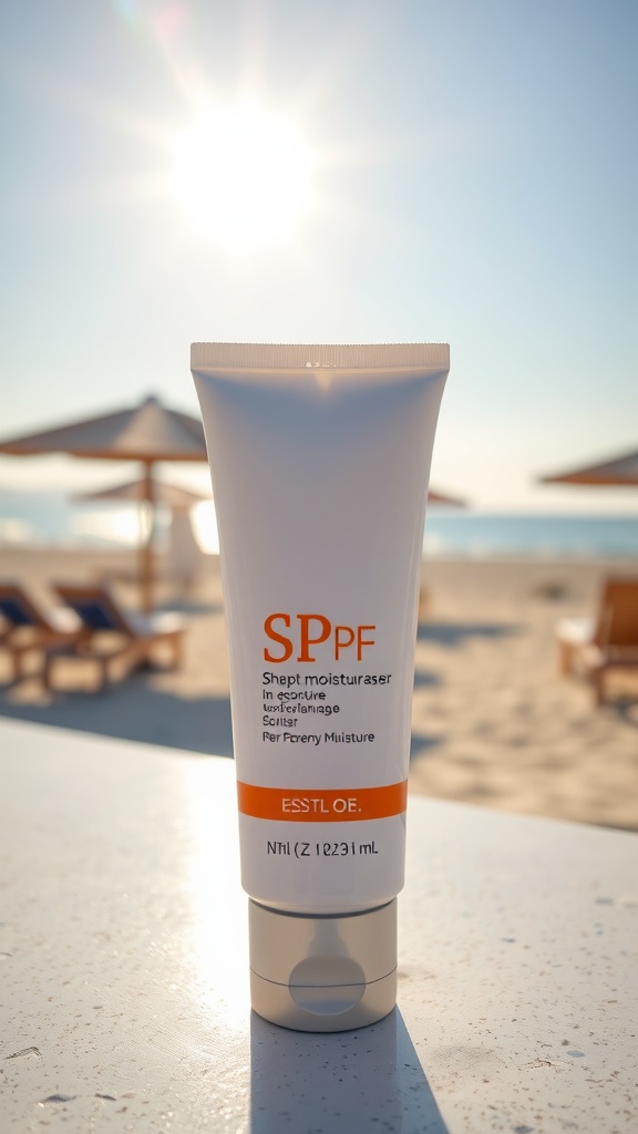 A moisturizer with SPF displayed on a sunny beach.