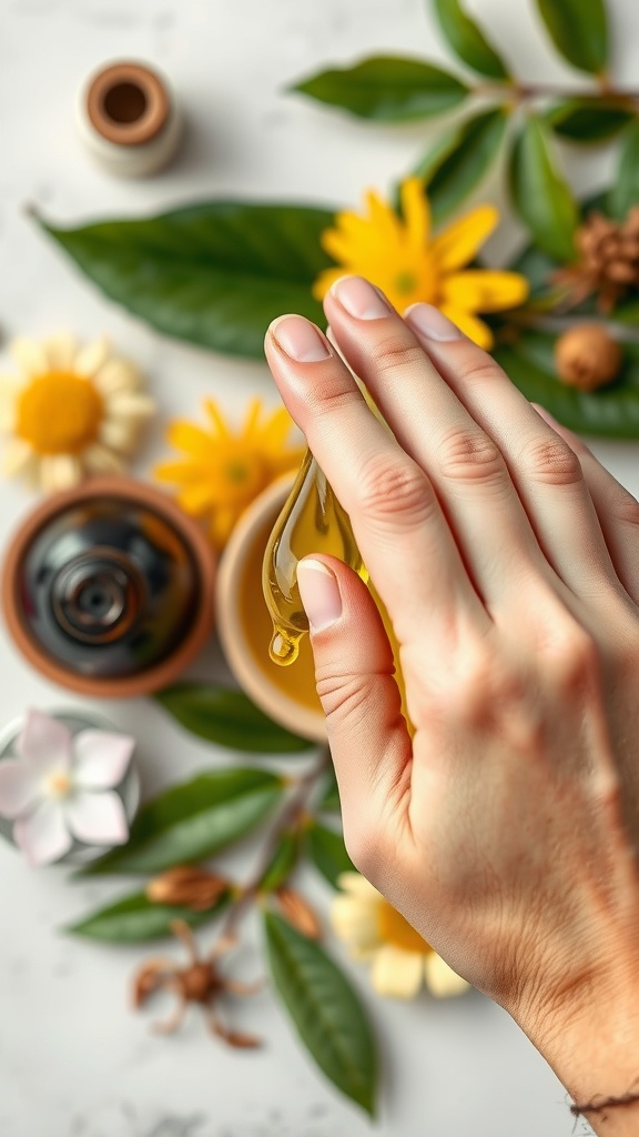 A hand holding a drop of facial oil surrounded by flowers and leaves.