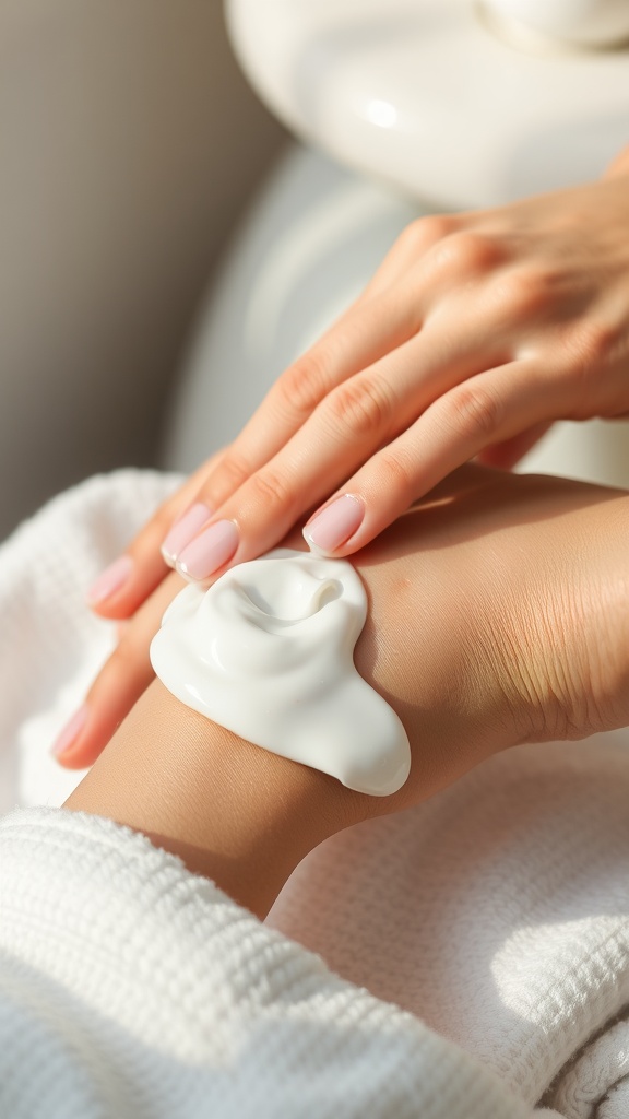 A hand applying a creamy moisturizer to the wrist, showcasing optimal moisturizing techniques for dry skin.