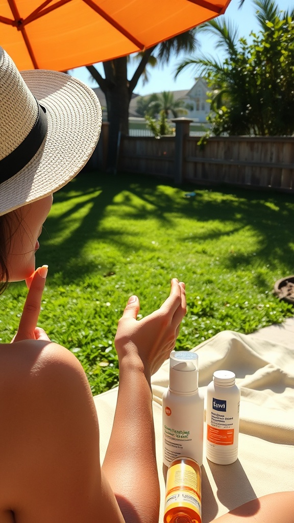 A person applying sunscreen outdoors under an orange umbrella with skincare products nearby.