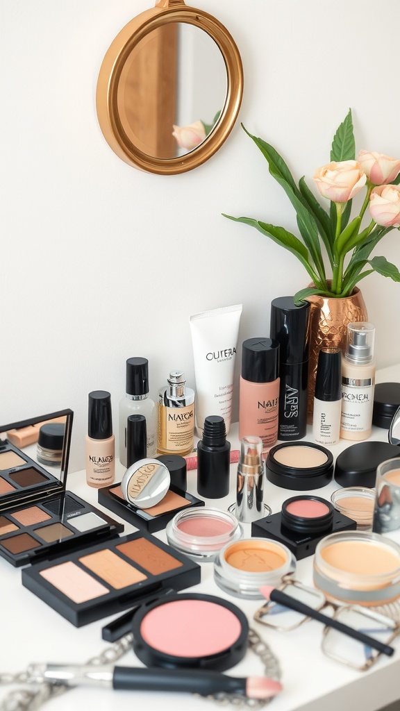A variety of oil-free makeup products on a table beside a mirror and flowers.