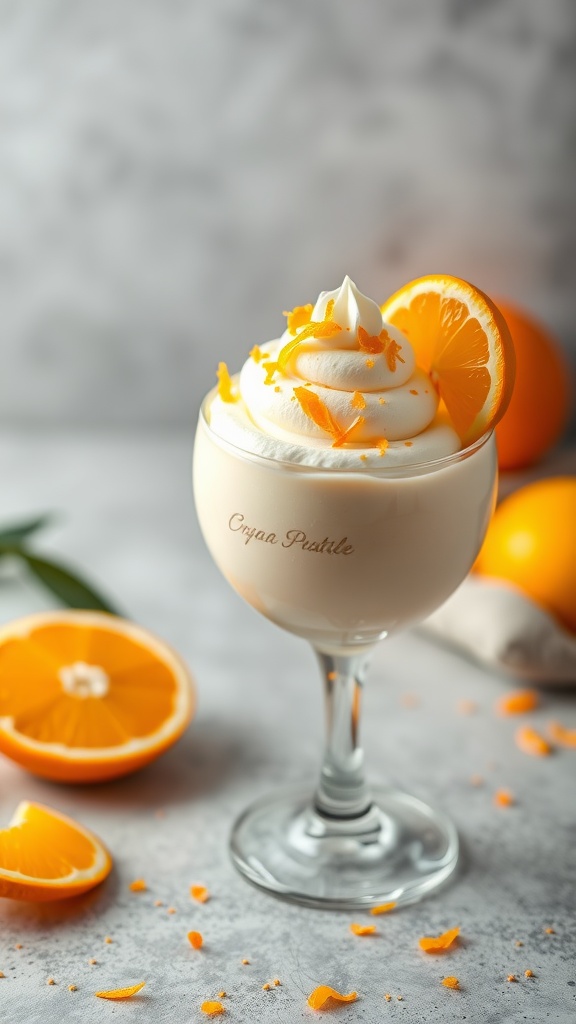A serving of orange creamsicle mousse garnished with whipped cream and an orange slice.