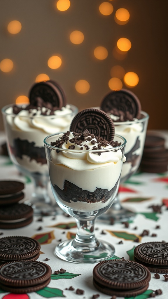 Oreo Dessert Cups with layers of cream and crushed Oreos, topped with whole Oreos.