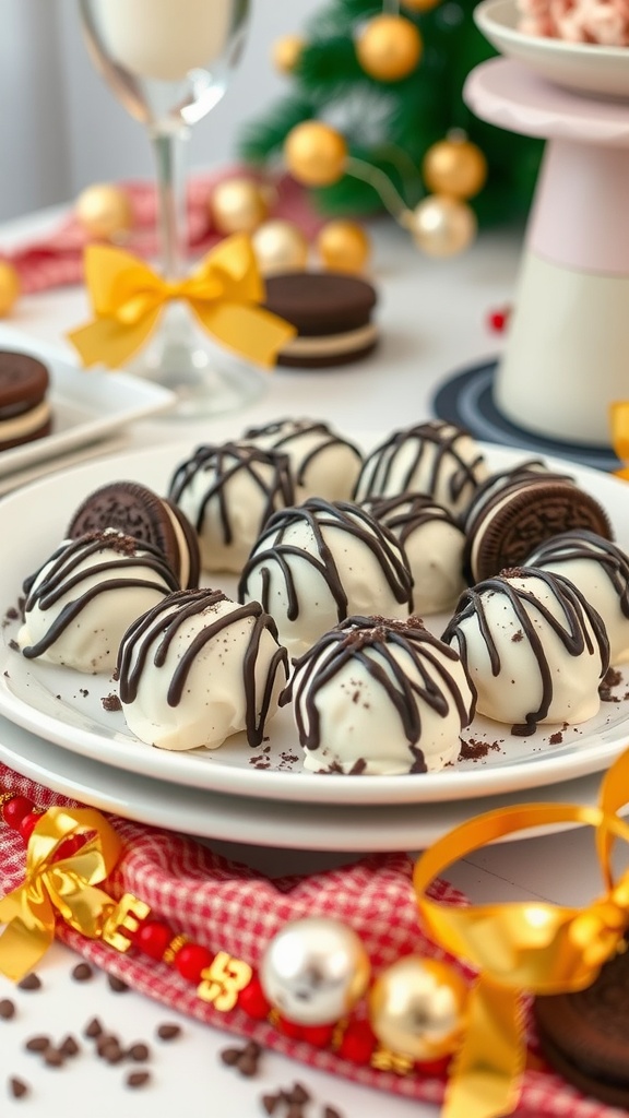 A plate of Oreo truffles drizzled with chocolate, surrounded by festive decorations.