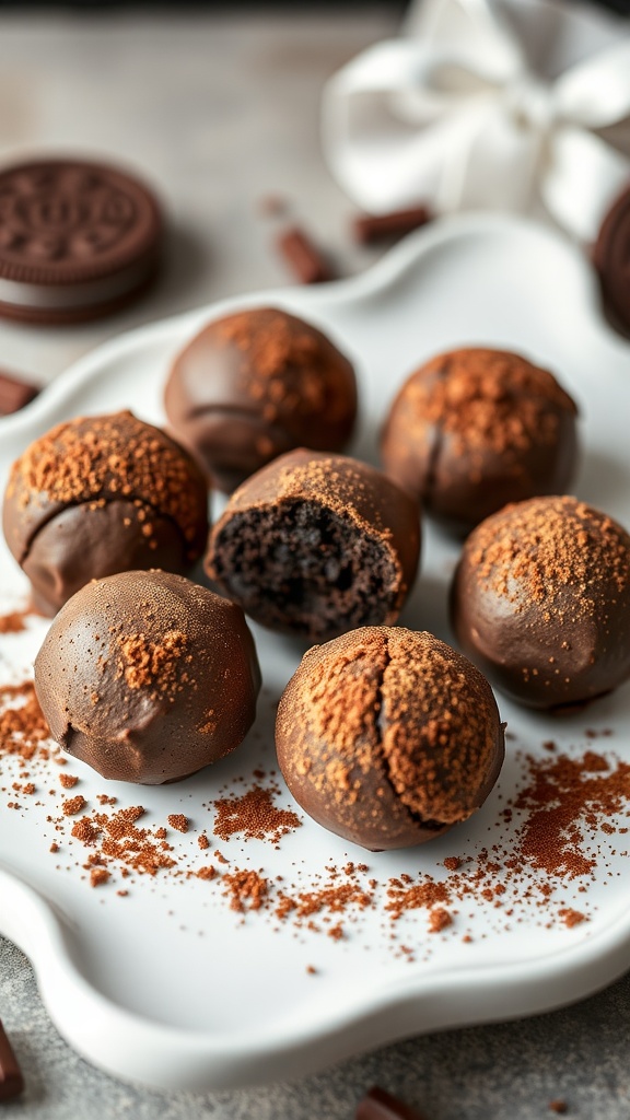 A plate of chocolate-coated Oreo truffles with a dusting of cocoa powder.