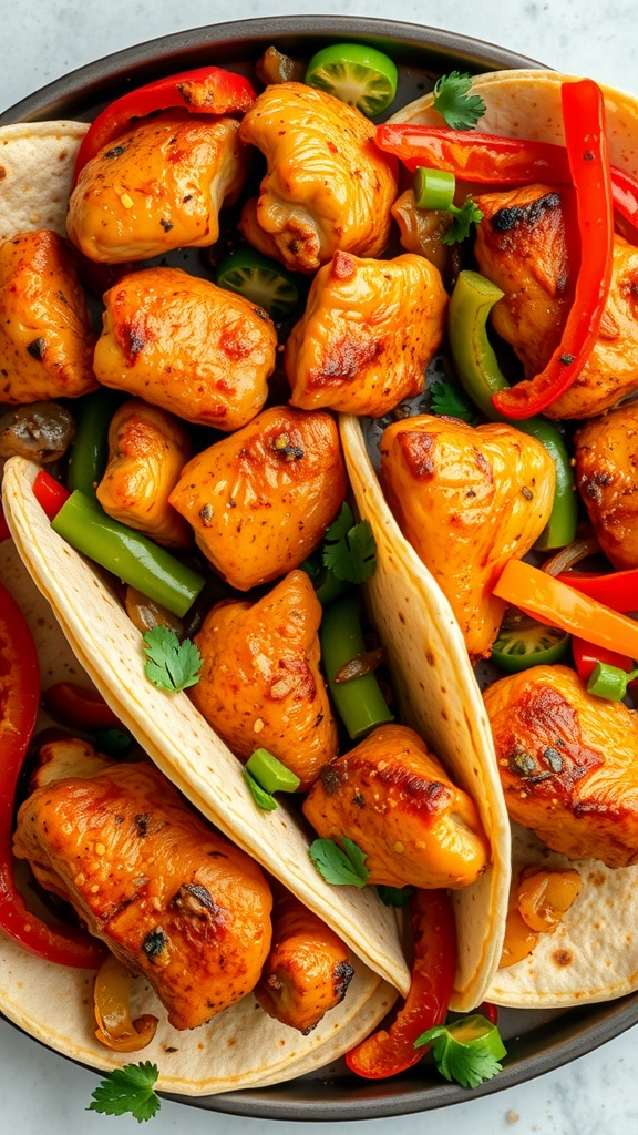 A plate of oven-baked chicken fajitas with colorful peppers and tortillas.