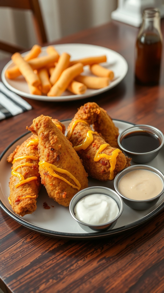 Oven-baked chicken tenders with dipping sauces and fries on a plate.