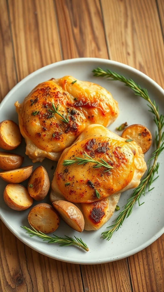 Oven-baked chicken thighs with potatoes on a plate, garnished with rosemary
