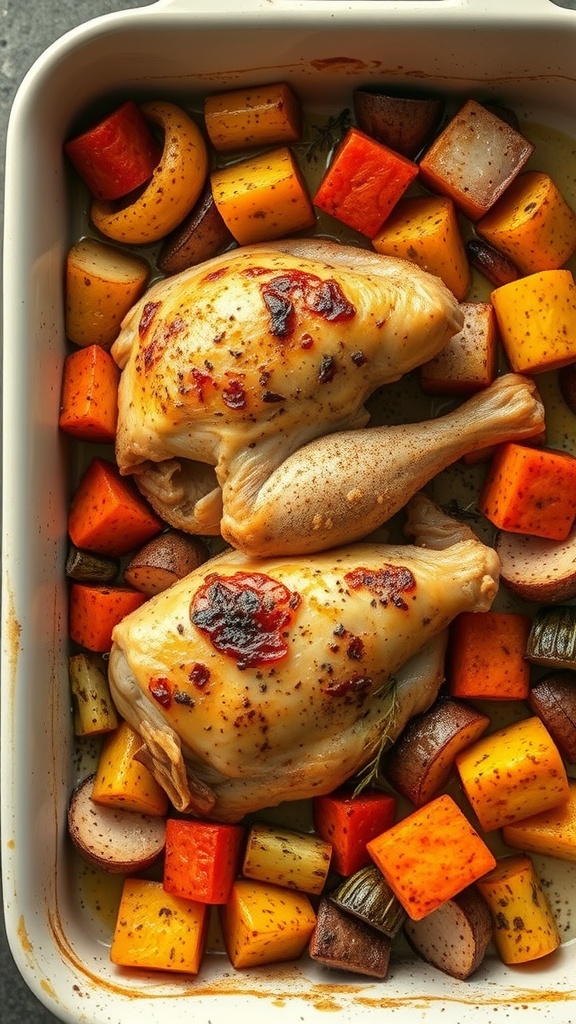 Oven-baked chicken thighs with colorful vegetables in a baking dish.