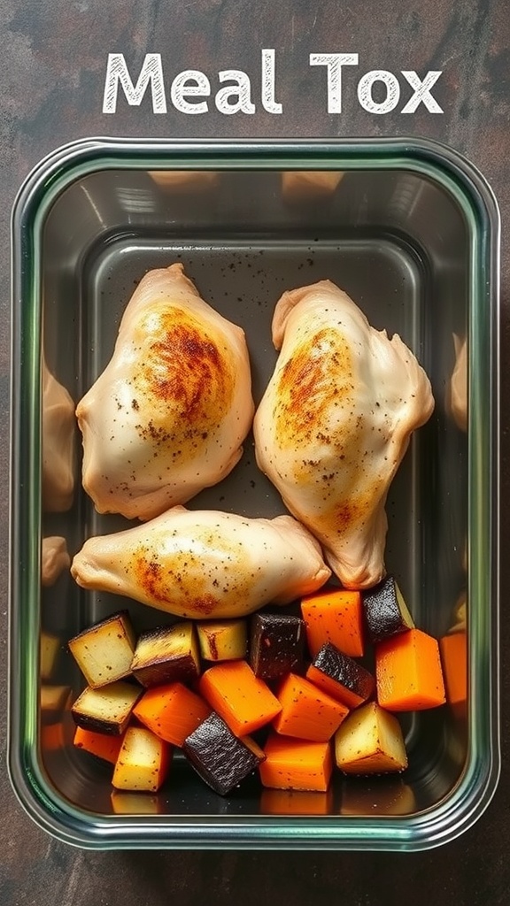 Oven-baked chicken thighs with colorful roasted vegetables in a glass meal prep container.