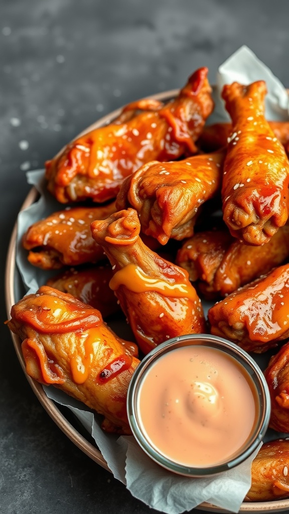 A plate of oven-baked chicken wings with dipping sauce