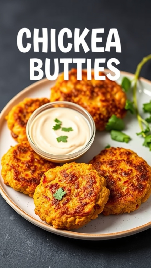 Oven-baked chickpea patties served with a creamy dip and garnished with cilantro.