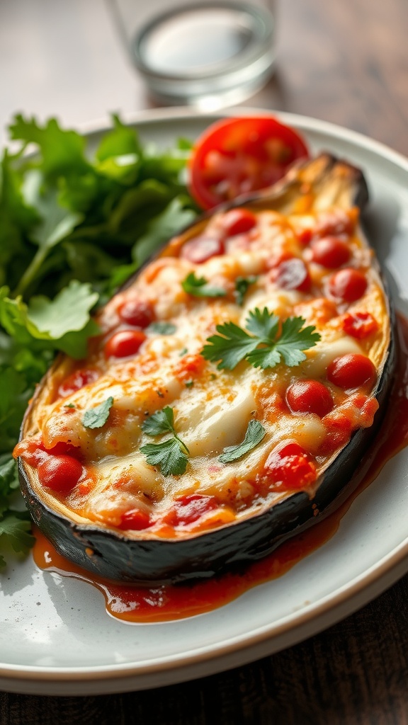 A plate of oven-baked eggplant Parmesan with fresh herbs and tomatoes on the side.