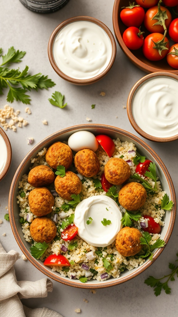 A healthy meal prep bowl featuring oven-baked falafel, tabouli, cherry tomatoes, and yogurt.
