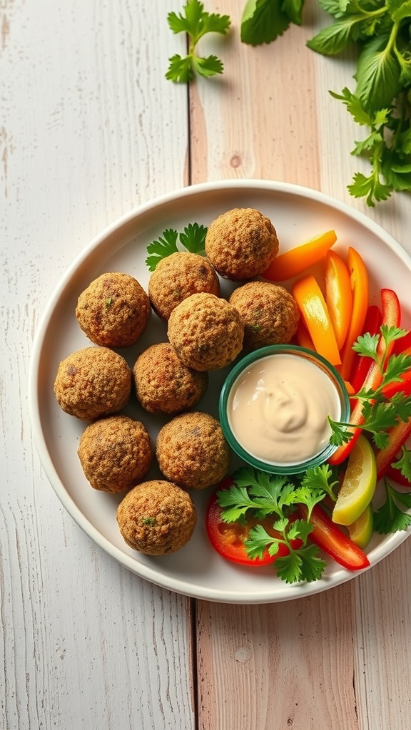 A plate of oven-baked falafel balls with tahini sauce and fresh vegetables