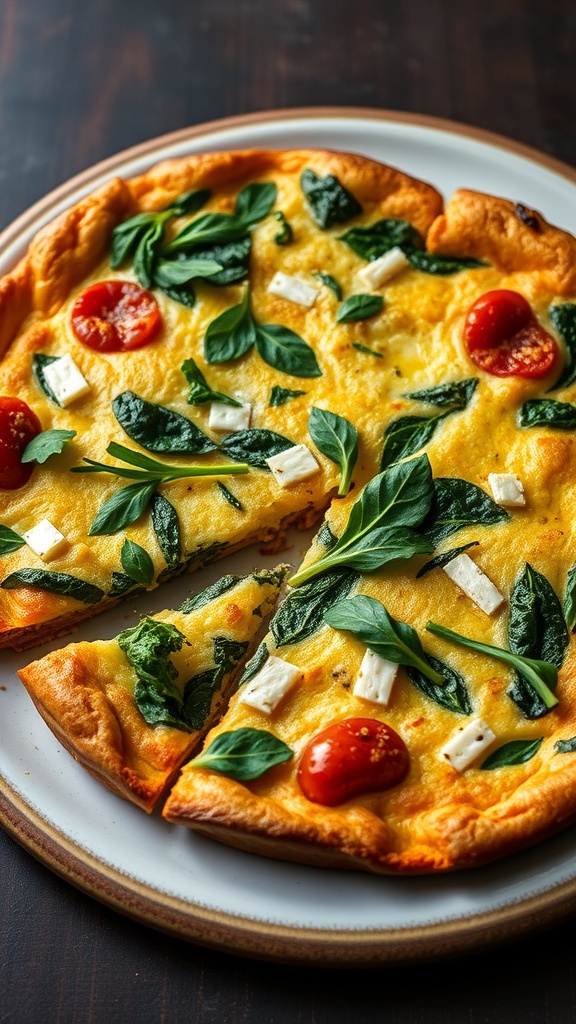 A delicious oven-baked frittata with spinach, cherry tomatoes, and feta cheese, sliced and served on a plate.