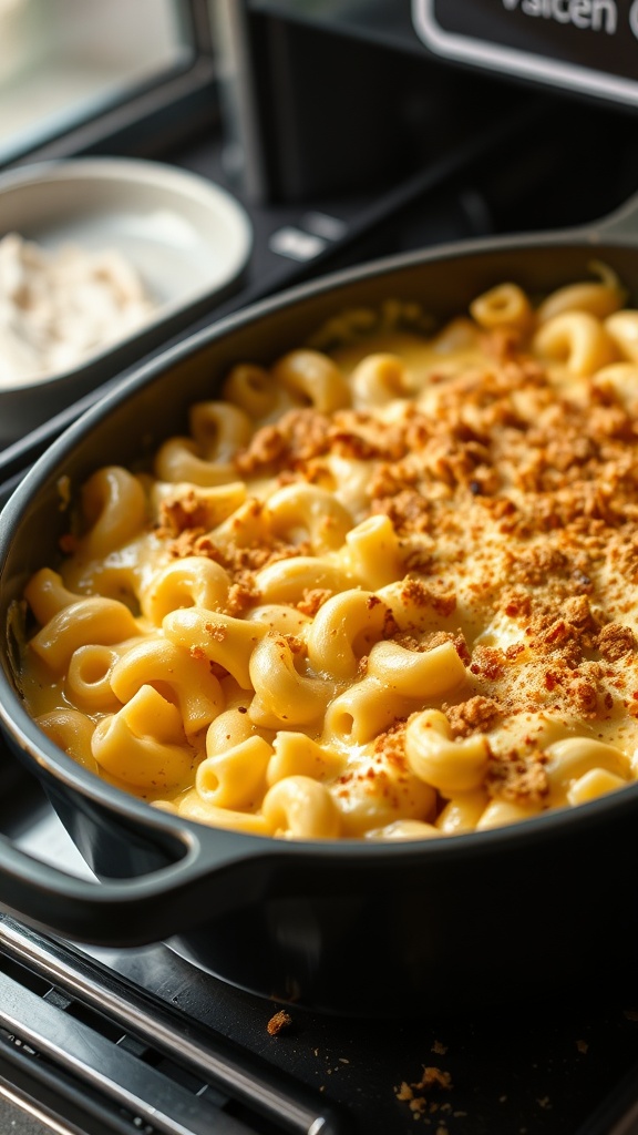 Baked macaroni and cheese in a black dish with a bread crumb topping