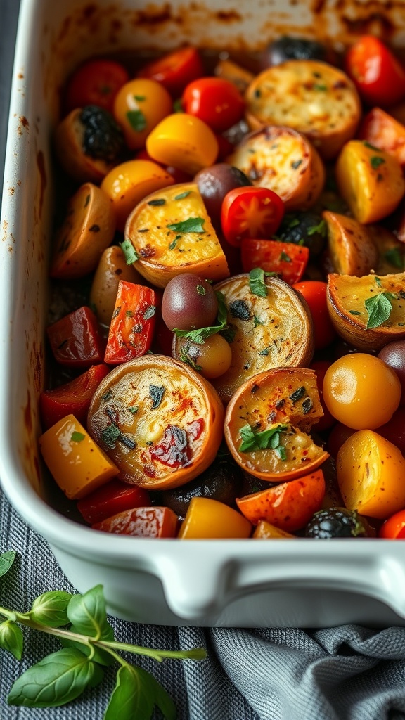 A dish of oven-baked ratatouille, featuring colorful slices of vegetables.