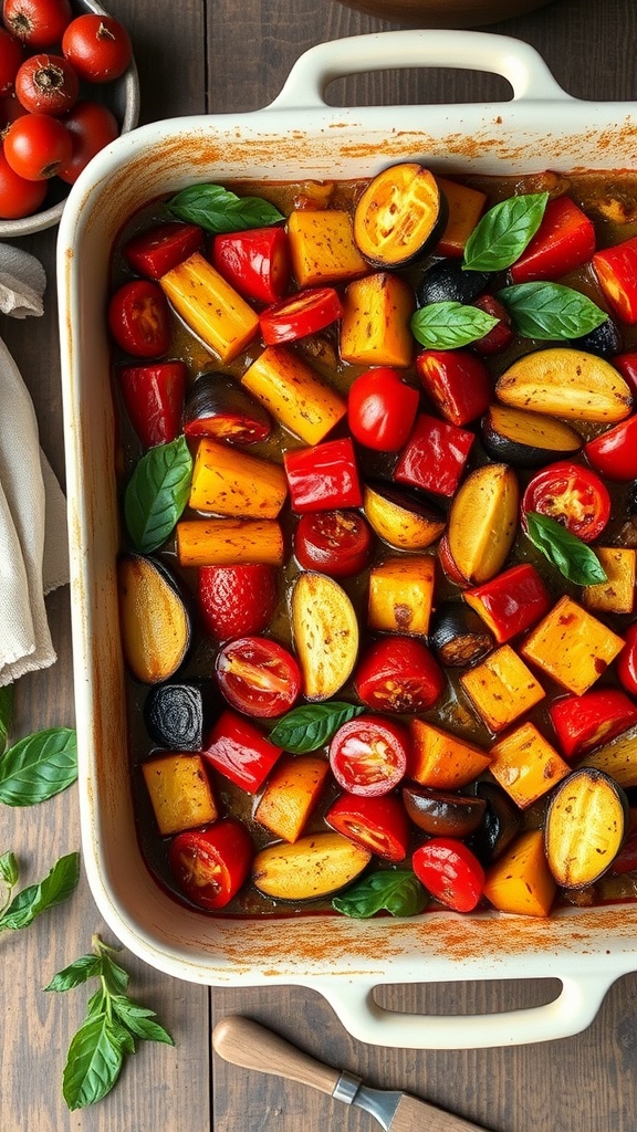 A colorful dish of oven-baked ratatouille with various vegetables.