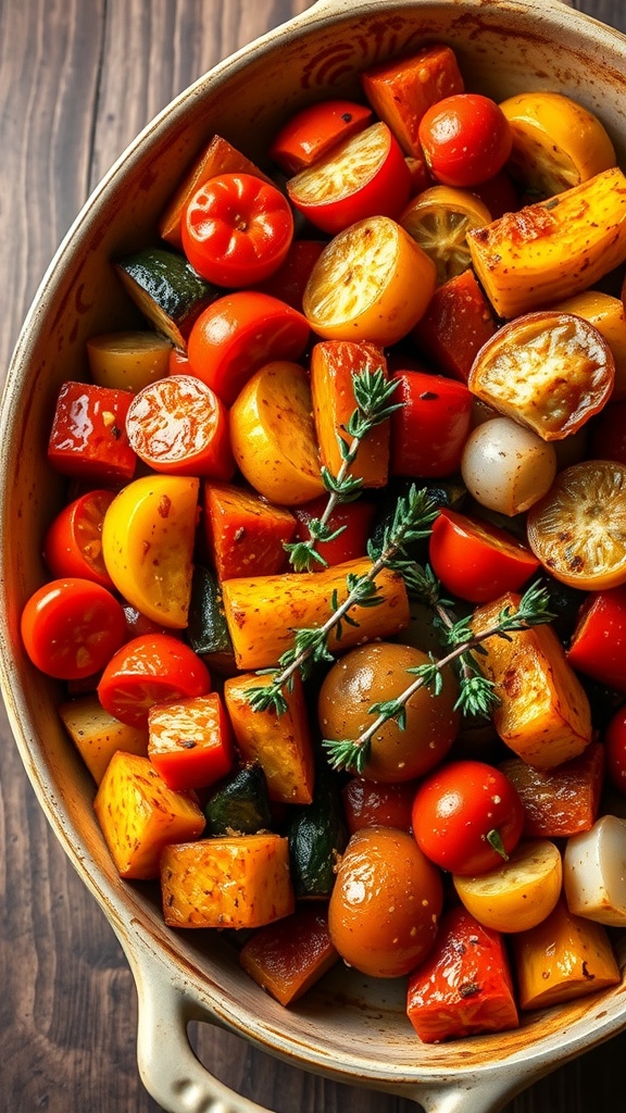 A colorful dish of oven-baked ratatouille with assorted vegetables