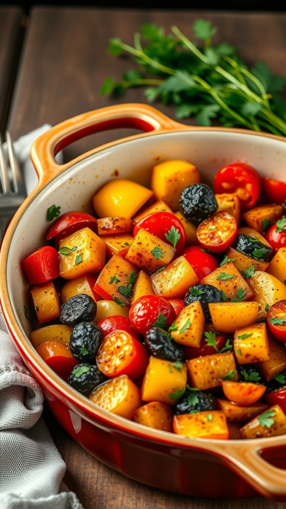 A colorful dish of oven-baked ratatouille with diced vegetables including eggplant, zucchini, and bell peppers.
