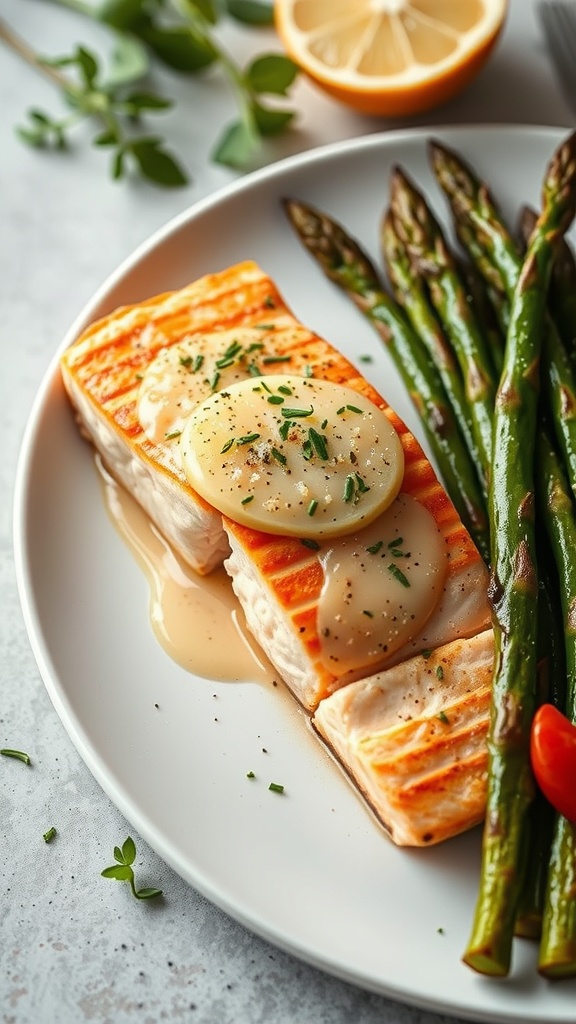 Oven-baked salmon fillet with asparagus and lemon slices on a white plate