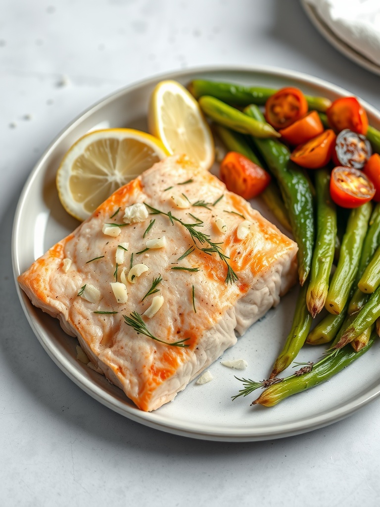 Oven-baked salmon fillet with garlic and dill, served with lemon slices and green beans on a plate.