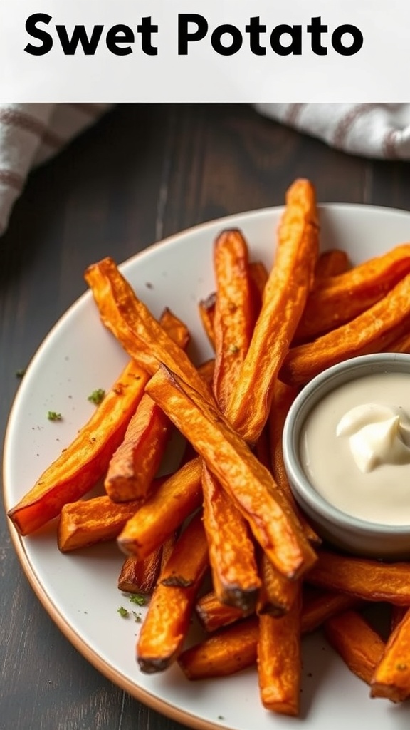 A basket of crispy oven-baked sweet potato fries served with dipping sauce.