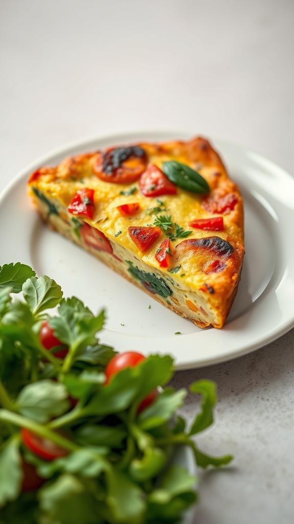 A slice of oven-baked vegetable frittata on a plate, accompanied by fresh greens.