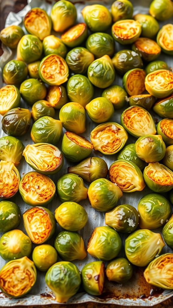 Oven-roasted Brussels sprouts on a baking sheet.