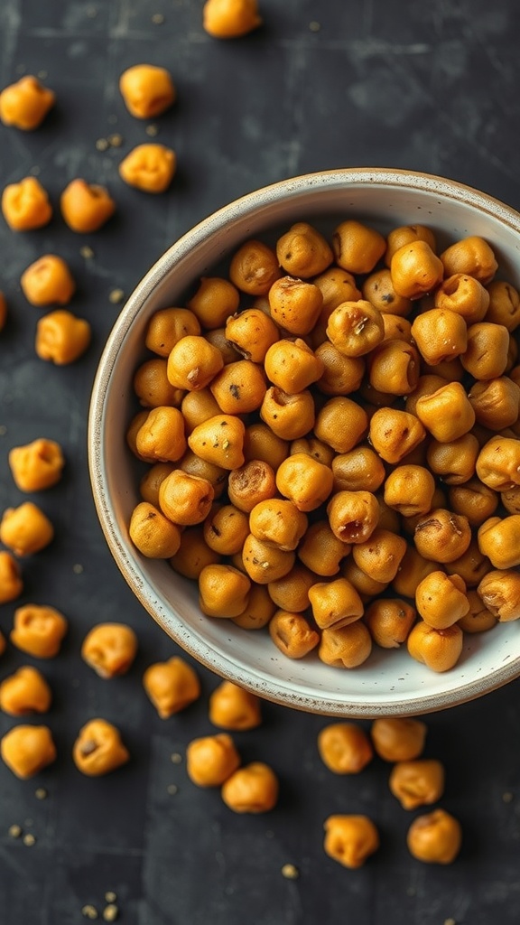 A bowl of crispy oven-roasted chickpeas on a dark surface.