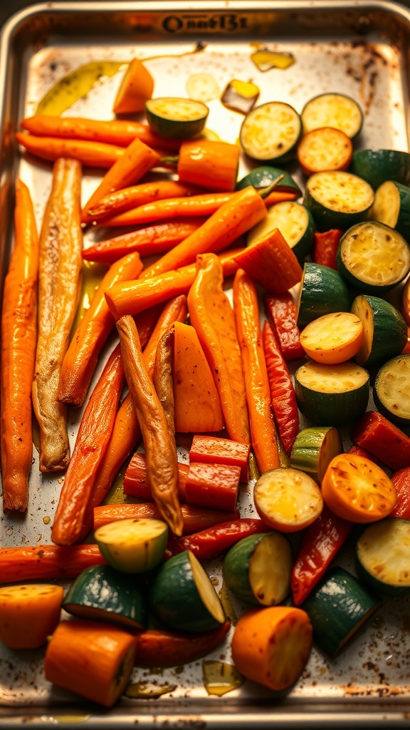 A tray of colorful oven-roasted vegetables including carrots, zucchini, and bell peppers.