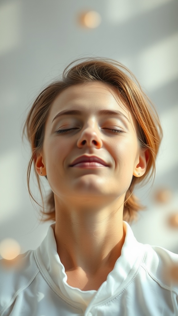 A person practicing facial yoga, eyes closed, in a relaxed state.