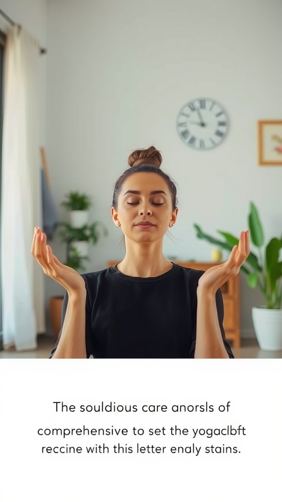 A person practicing yoga for facial tension relief, with a serene expression and hands raised.