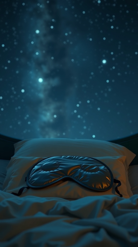 A cozy bed with a sleep mask on a pillow under a starry night sky.