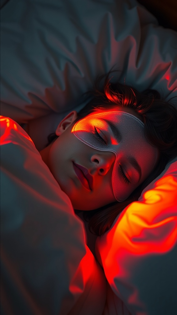 Person sleeping peacefully with a sleep mask on, surrounded by soft pillows and warm light.