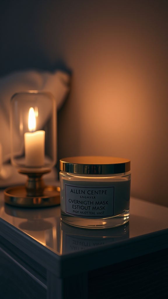 A jar of overnight mask on a bedside table with a lit candle in the background.