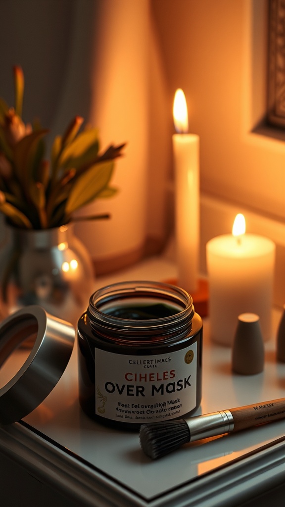 A jar of overnight mask with a brush, candles, and flowers on a bedside table.