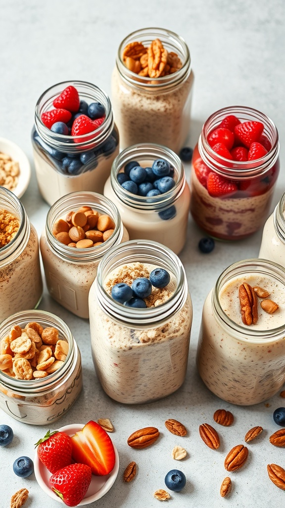 Variety of overnight oats in jars with different toppings