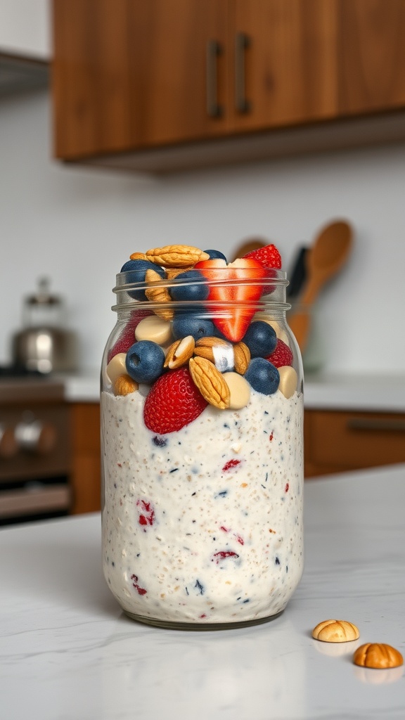 A jar of overnight oats topped with strawberries, blueberries, and nuts, set on a kitchen counter.