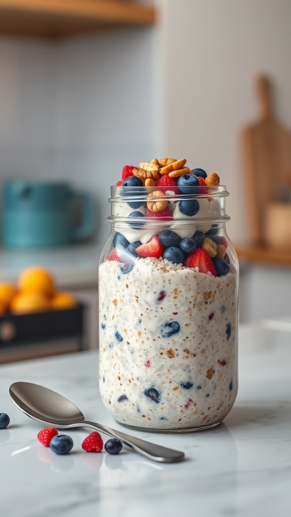 A jar of overnight oats topped with mixed berries and nuts, sitting on a marble countertop.